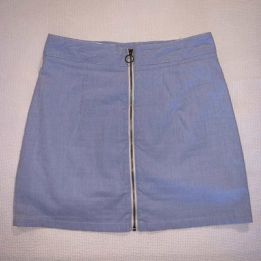 blue and white pinstriped zip-up skirt